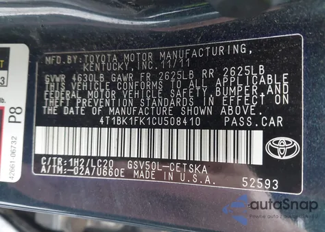 2012 Toyota Camry Se V6 z USA, uszkodzony, nr VIN 4T1BK1FK1CU508410